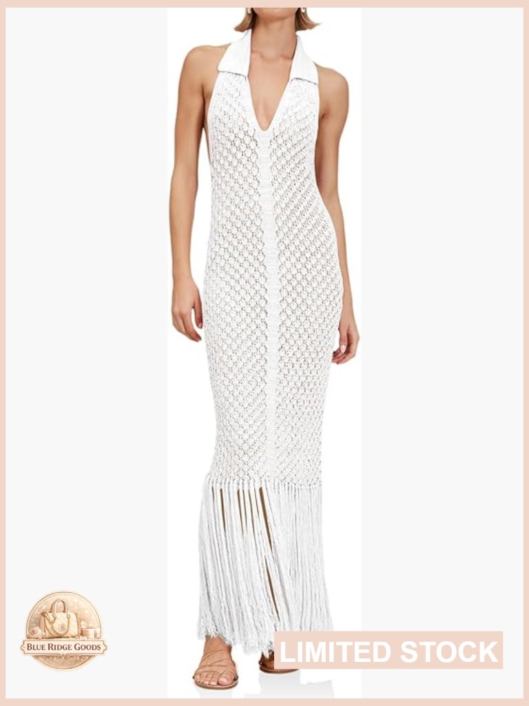 Crochet Cover Up Maxi Dress Sexy Fringe Beach Vacation Sleeveless Halter